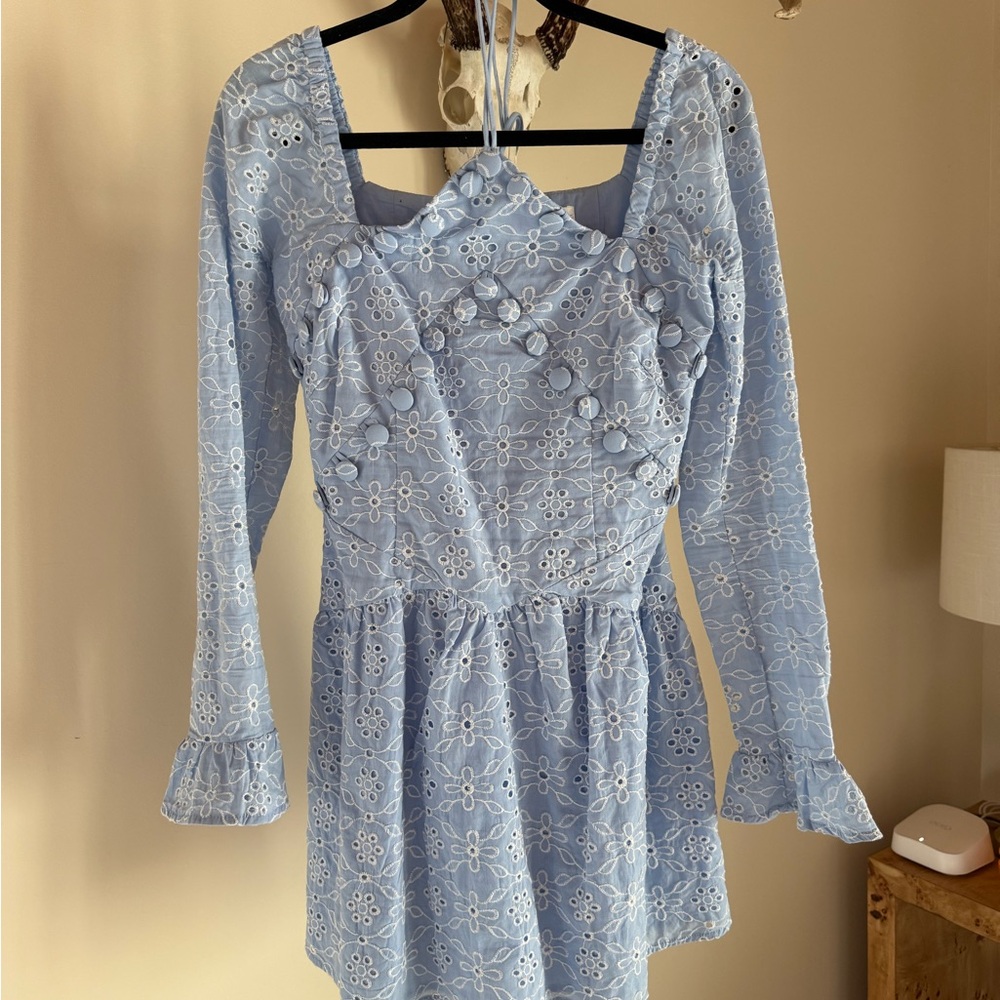 Sabo Skirt Light Blue Eyelet Floral Long-Sleeve Mini Dress